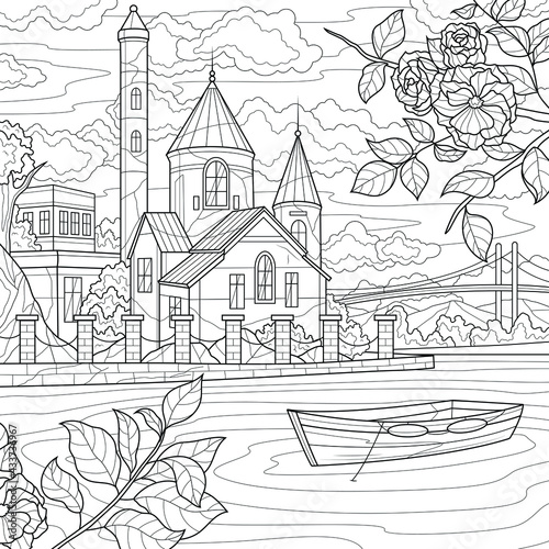 Castle by the river.Coloring book antistress for children and adults. Illustration isolated on white background.Zen-tangle style. Hand draw