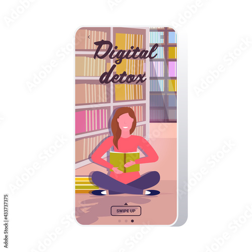 woman reading book spending time without devices digital detox concept girl abandoning gadgets