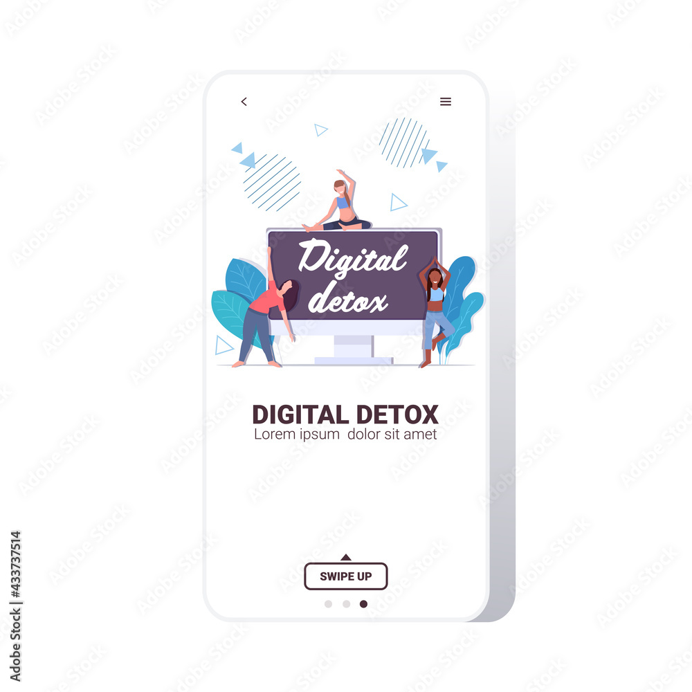 Fototapeta premium mix race girls doing physical exercises digital detox text on monitor screen women abandoning gadgets