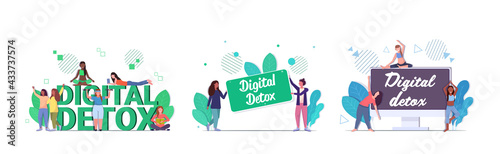 set mix race girls spending time without devices digital detox concept women abandoning gadgets