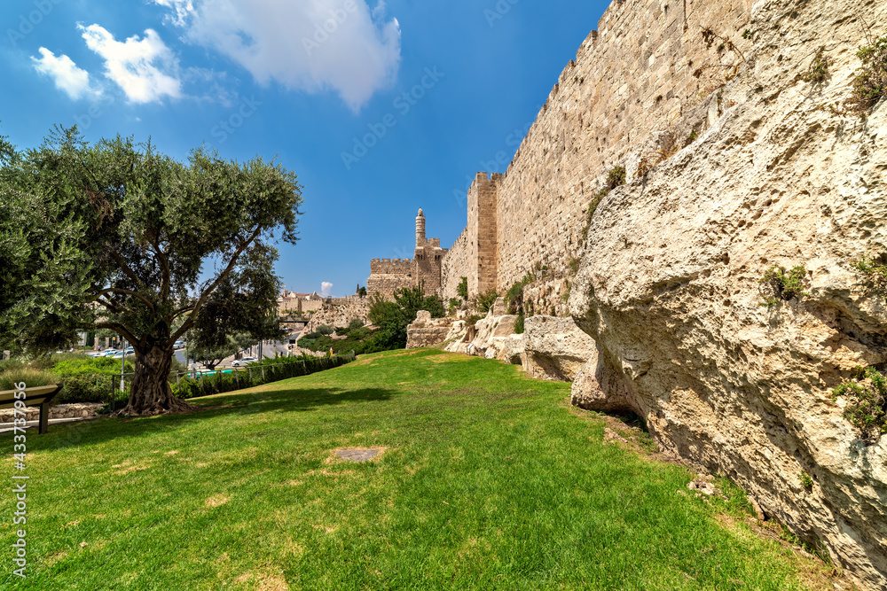 Surrounding wall and Tower of David in Jerusalem, Israel.