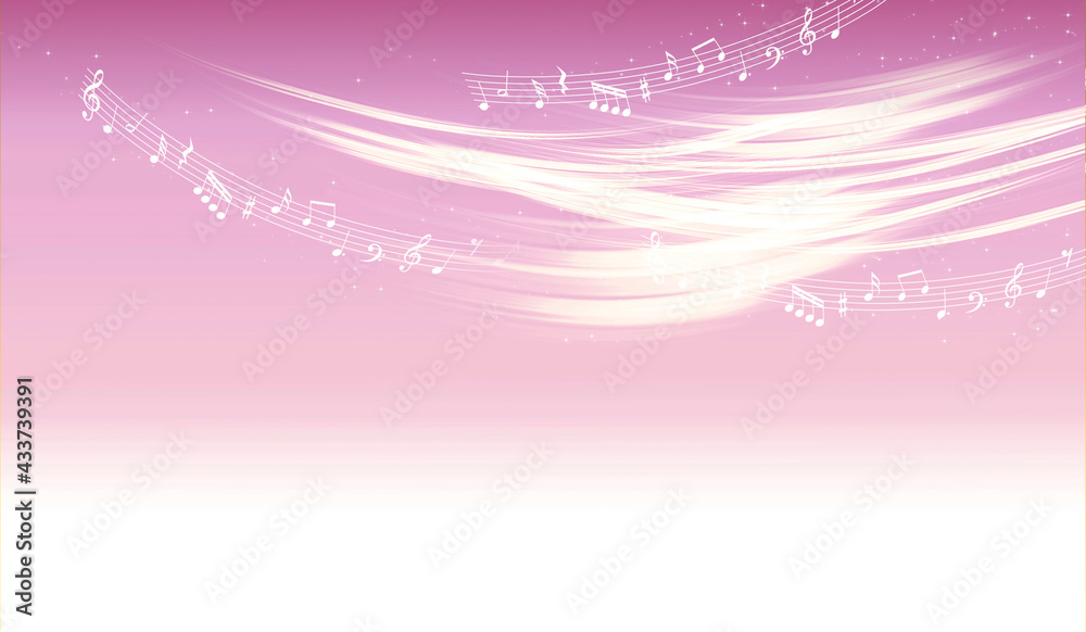 音符と光輝くピンクの背景
