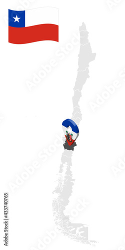 Location of  Araucania Region on map Chile. 3d location sign similar to the flag of Araucania. Quality map  with  provinces of  Chile for your design. EPS10