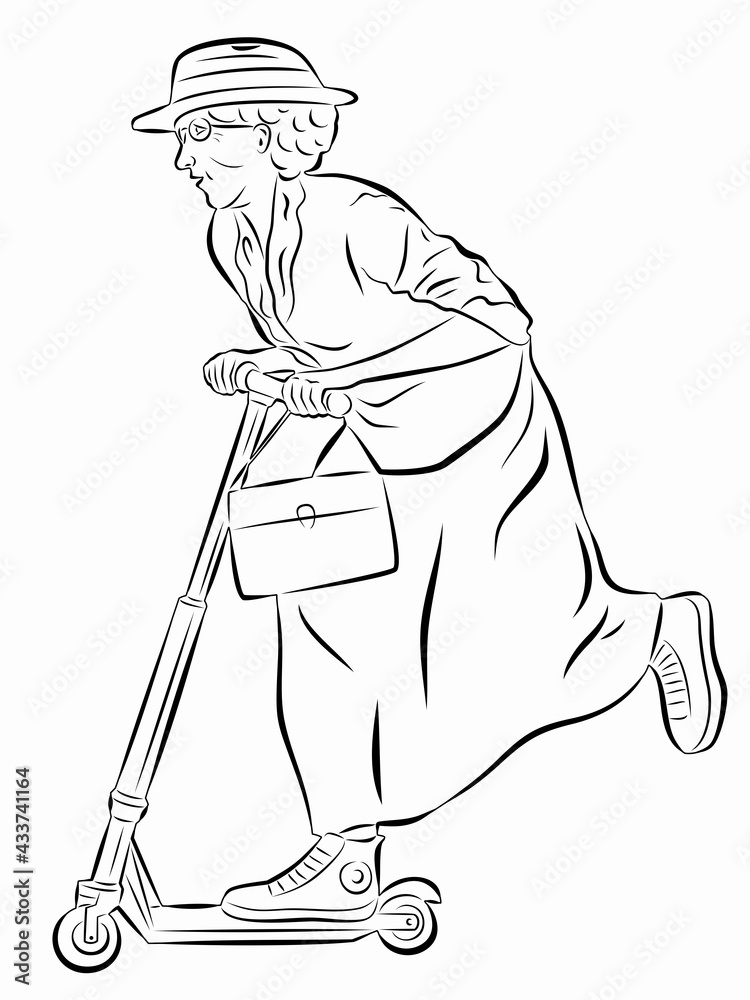 Obraz premium illustration of a grandmother on a scooter, vector drawing