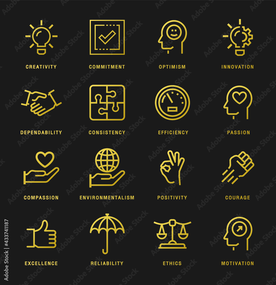 Core values line icons set. gold color Ethics linear style symbols collection, outline. vector graphics. Set includes icons as responsibility, word passion, goal, growth, strategy, trust, teamwork