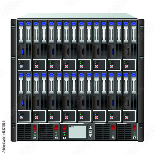 10u blade system with 16 slots - servers, 4 power supplies and a control unit. 19 '' rack mounting. Each server has 2 SAS hard drives and closed connectors. Vector illustration.