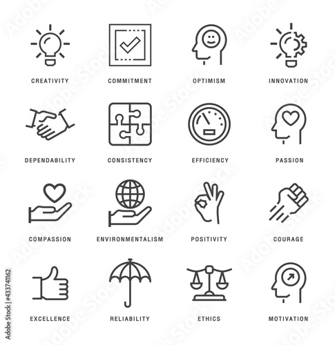 Core values line icons set. Ethics linear style symbols collection, outline signs pack. vector graphics. Set includes icons as responsibility, word passion, goal, growth, strategy, trust, teamwork photo