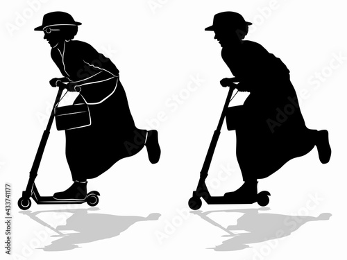 silhouette of a grandmother on a scooter, vector drawing