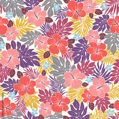 Beautiful tropical flower and plant seamless pattern 
