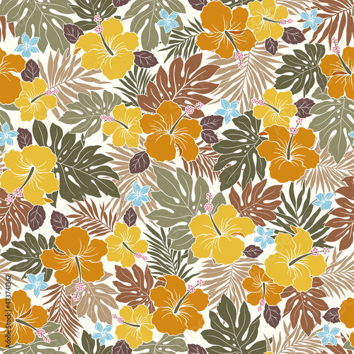 Beautiful tropical flower and plant seamless pattern,