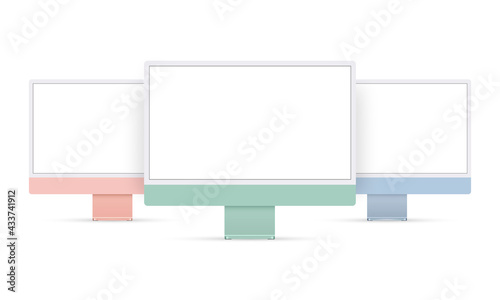 Set of Desktop PC's Isolated on White Background, Pink, Green and Blue Mockup. Vector Illustration