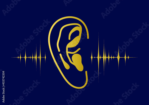 Hearing test. golden ear on Bule background with sound waves. Vector illustration.