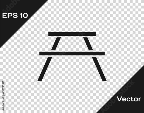 Black Picnic table with benches on either side of the table icon isolated on transparent background. Vector Illustration