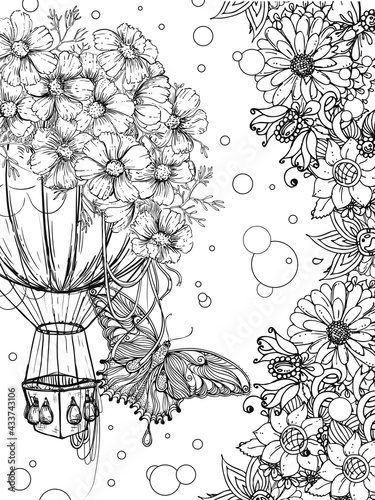 Hand drawn sketch black and white coloring page of vintage air balloon, flowers daisy, sky, ribbon, butterfly. Vector illustration. Engraved style.