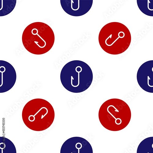 Blue and red Fishing hook icon isolated seamless pattern on white background. Fishing tackle. Vector