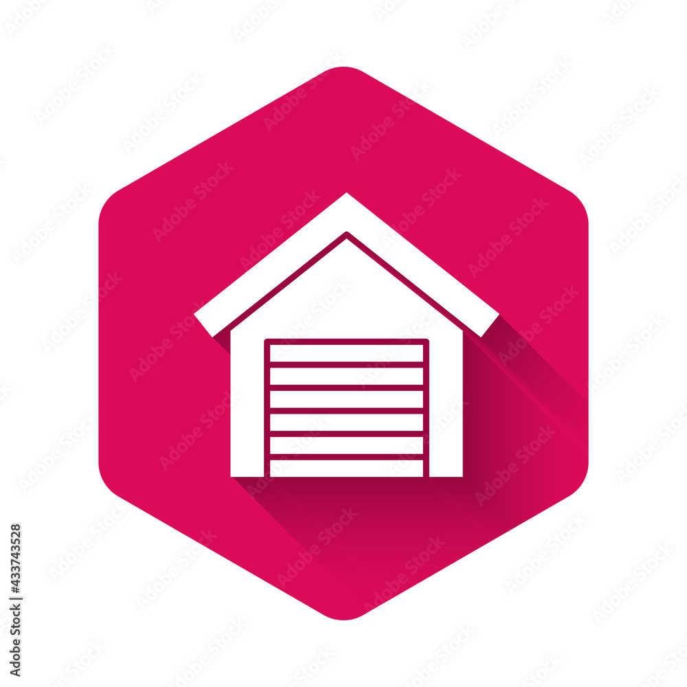 White Garage icon isolated with long shadow. Pink hexagon button. Vector White Garage icon isolated with long shadow. Pink hexagon button. Vector