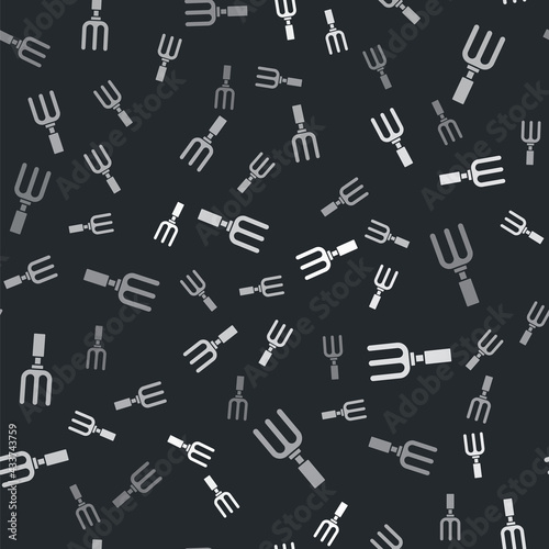 Grey Garden rake icon isolated seamless pattern on black background. Tool for horticulture, agriculture, farming. Ground cultivator. Vector