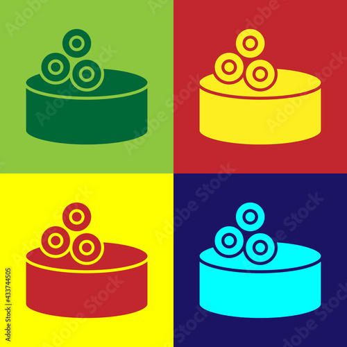 Pop art Tin can with caviar icon isolated on color background. Vector.