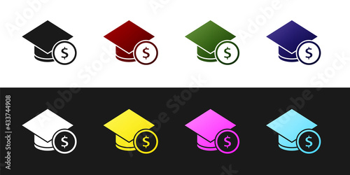 Set Graduation cap and coin icon isolated on black and white background. Education and money. Concept of scholarship cost or loan, tuition or study fee. Vector.