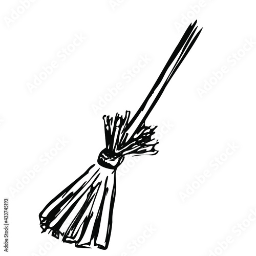 Graphic black and white Halloween Witch Broom. Funny, cute illustration for seasonal design, textile, decoration kids playroom or greeting card. Hand drawn prints and doodle.