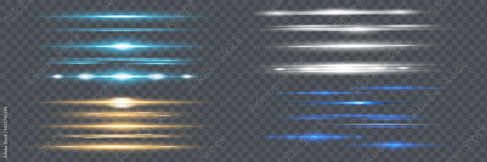 Red horizontal lens flares pack. Laser beams, horizontal light rays.Beautiful light flares. Glowing streaks on dark background. Luminous abstract sparkling lined background.
