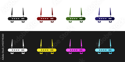 Set Router and wi-fi signal icon isolated on black and white background. Wireless ethernet modem router. Computer technology internet. Vector