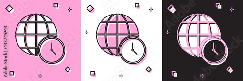 Set World time icon isolated on pink and white, black background. Clock and globe. Vector