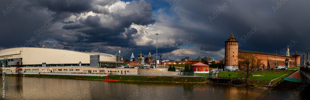 Panorama of Kolomna Kremlin with dark clouds in background