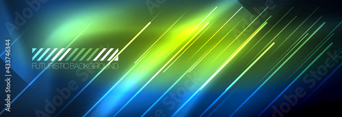 Neon glowing lines, magic energy and light motion background. Vector wallpaper template