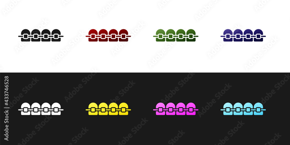 Set Teeth with braces icon isolated on black and white background. Alignment of bite of teeth, dental row with with braces. Dental concept. Vector