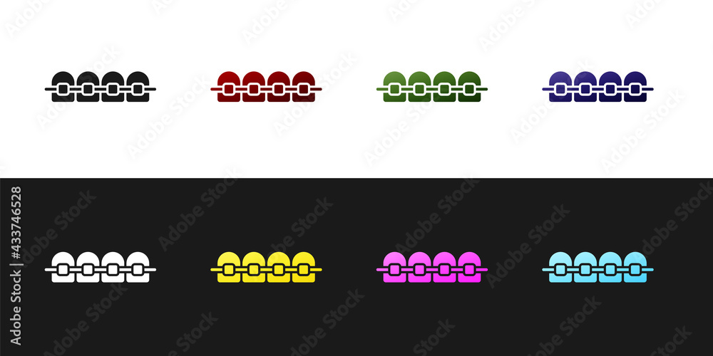 Set Teeth with braces icon isolated on black and white background. Alignment of bite of teeth, dental row with with braces. Dental concept. Vector Set Teeth with braces icon isolated on black and white background. Alignment of bite of teeth, dental row with with braces. Dental concept. Vector