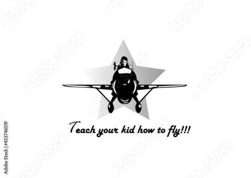 An unique aviation themed T shirt design idea. Small kid wearing helmet and goggles with hand spread outwards with happiness. A baby flying an aircraft.