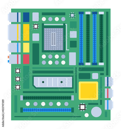 Computer motherboard isolated on white background. Mainboard or circuit board with integrated chips, components, connections, sockets and slots. Vector.