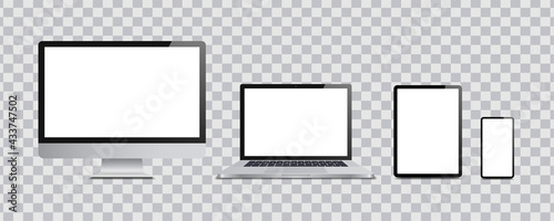 Devices with the transparent background. Realistic smartphone, tablet, desktop and laptop. For use in mockups and presentations. Vector illustrations.