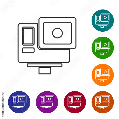 Black line Action extreme camera icon isolated on white background. Video camera equipment for filming extreme sports. Set icons in color circle buttons. Vector