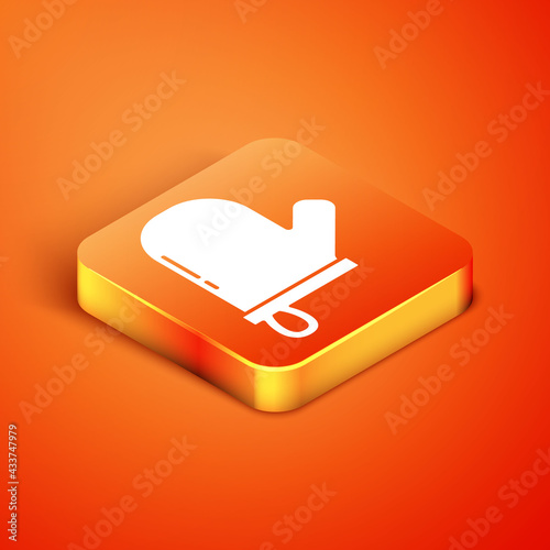 Isometric Oven glove icon isolated on orange background. Kitchen potholder sign. Cooking glove. Vector