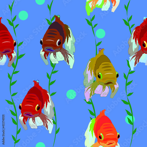 Seamless vector pattern for girls, boys, clothing. Background with fish. Funny wallpapers for textiles and fabrics