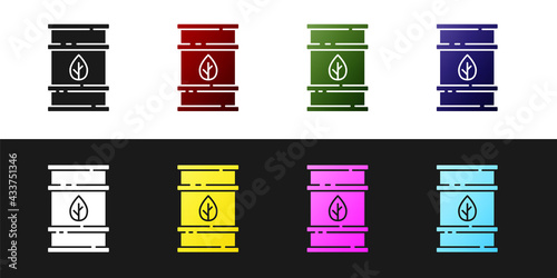 Set Bio fuel barrel icon isolated on black and white background. Eco bio and canister. Green environment and recycle. Vector