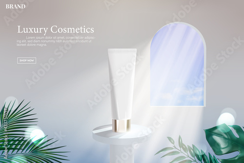 Cosmetic tube on white stand with light coming in through a window