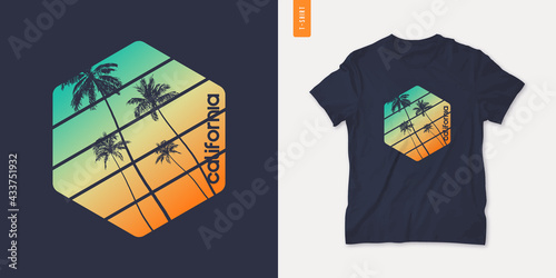California graphic t-shirt design with palm tress, summer retro print, vector illustration