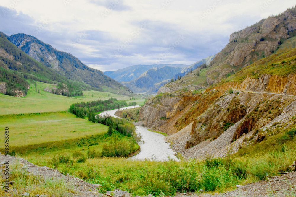 Amazing mountain landscape, green valley with river