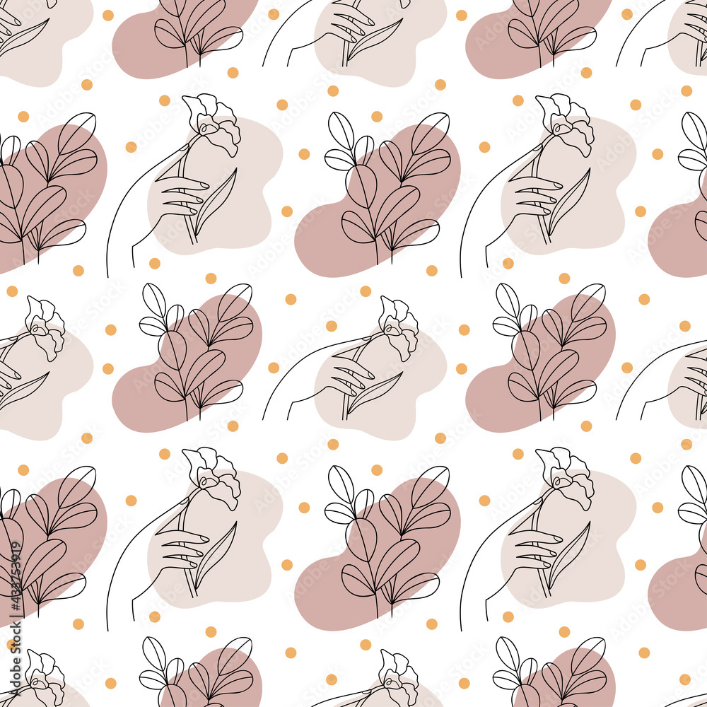 Abstract linear illustration pattern. Flowers in female hands.Simple Hand drew illustration. Abstract linear illustration pattern. Flowers in female hands.Simple Hand drew illustration.