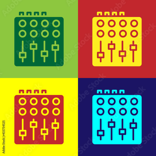 Pop art Sound mixer controller icon isolated on color background. Dj equipment slider buttons. Mixing console. Vector