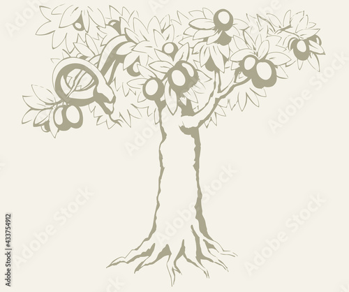 Serpent on the tree. Knowledge of good and evil. Vector drawing