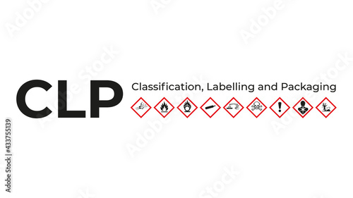 CLP - Classification, Labelling and Packaging. Background with GHS Hazard Symbol Sign (ID: 433755139)