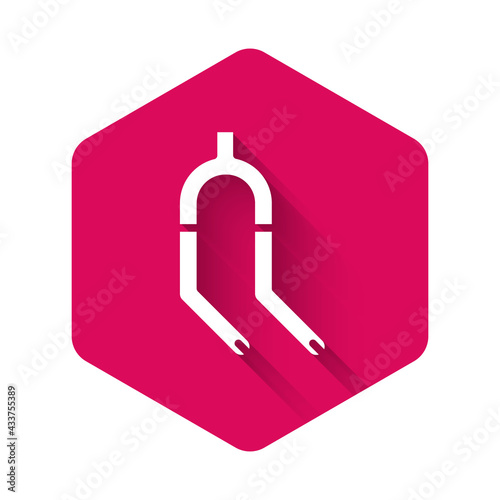 White Bicycle suspension fork icon isolated with long shadow. Sport transportation spare part steering wheel. Pink hexagon button. Vector