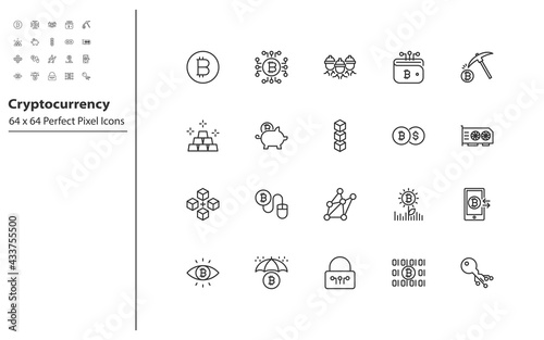 set of cryptocurrency thin line icons, blockchain, digital mpney, fintech