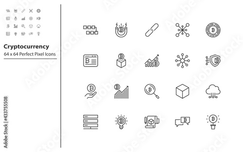 set of cryptocurrency thin line icons, blockchain, digital mpney, fintech