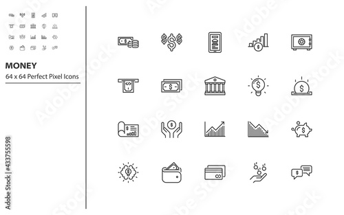 set of money thin line icons 64x64 px, online payment, digital money, finance