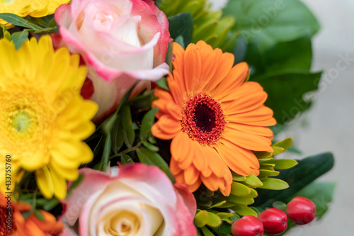 Greetings  anniversary or Mother   s Day concept  Close up of colorful fresh spring flower bouquet with gerbera and pink roses